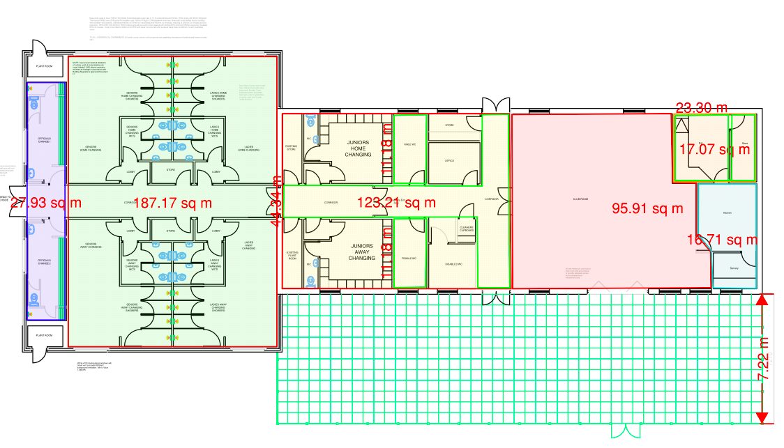 Multi-room floor-area takeoff on a sports pavilion proposed plan, with coloured fills and square-metre labels across changing rooms and club spaces