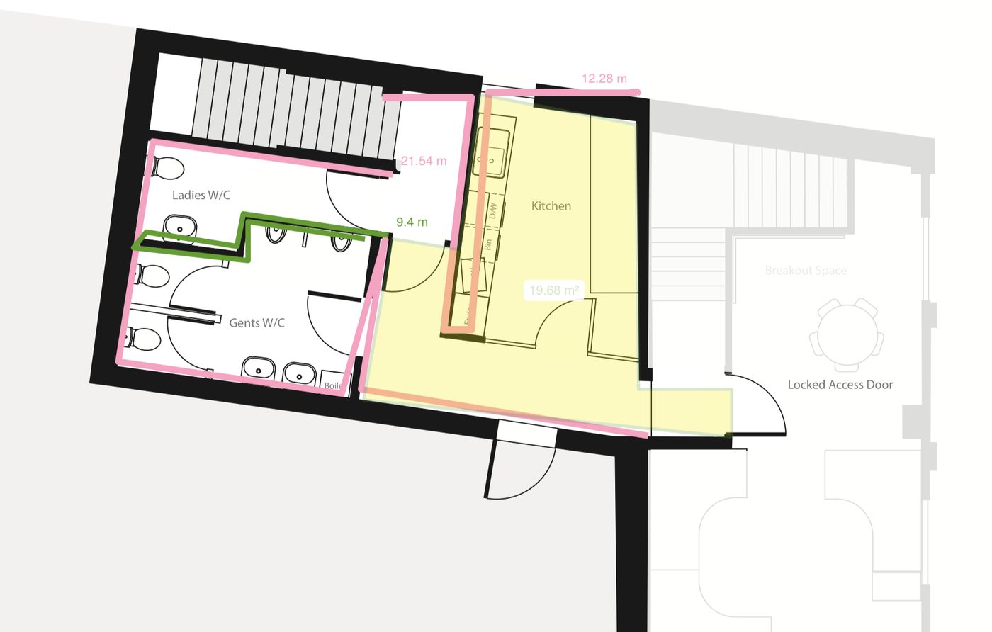 Internal plaster takeoff on a commercial floor plan showing Ladies and Gents WCs and a kitchen, with wall-run and floor-area markups