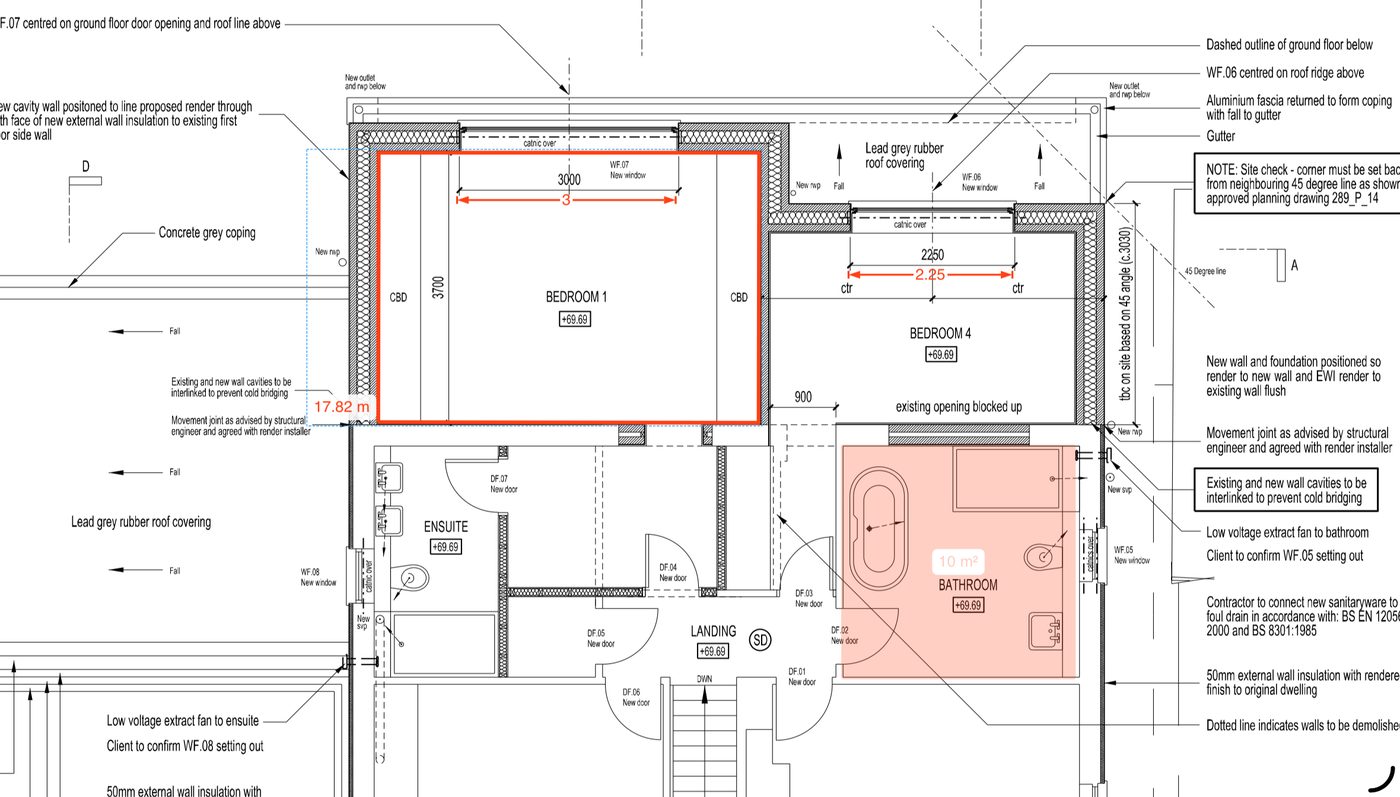 Internal plaster takeoff on a residential upper-floor plan with Bedroom 1 perimeter and bathroom area marked