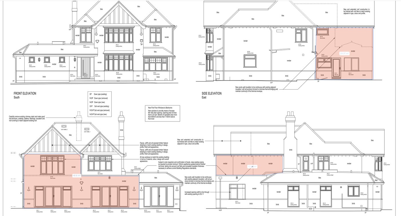 External render takeoff on proposed house elevations, with measured render areas highlighted on the east, rear and west faces