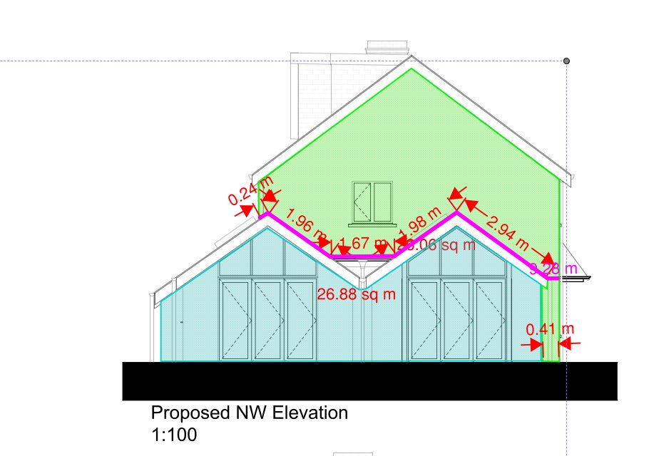 External render elevation takeoff on a proposed north-west house elevation, with two render areas and linear dimensions marked