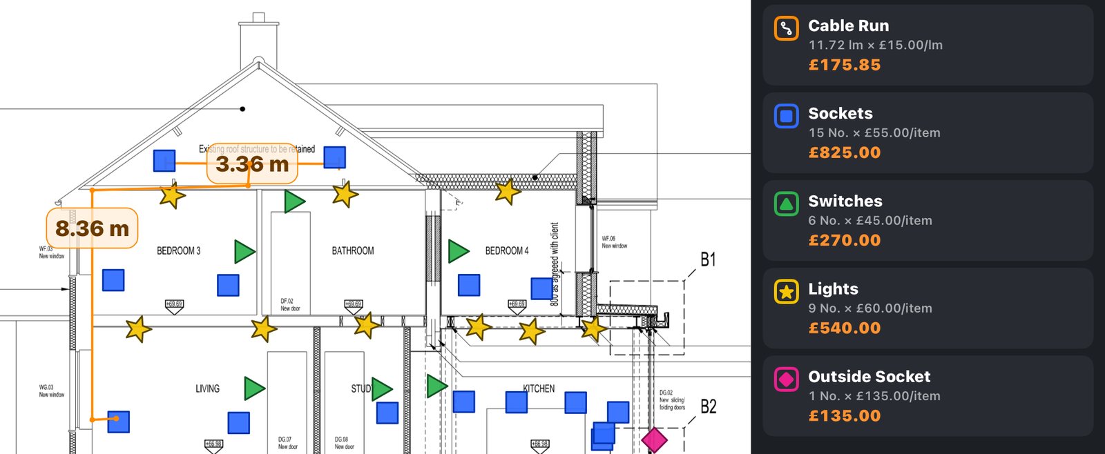 Section drawing with sockets, switches, lights and an outside socket each counted with their own coloured marker, plus two cable run lengths