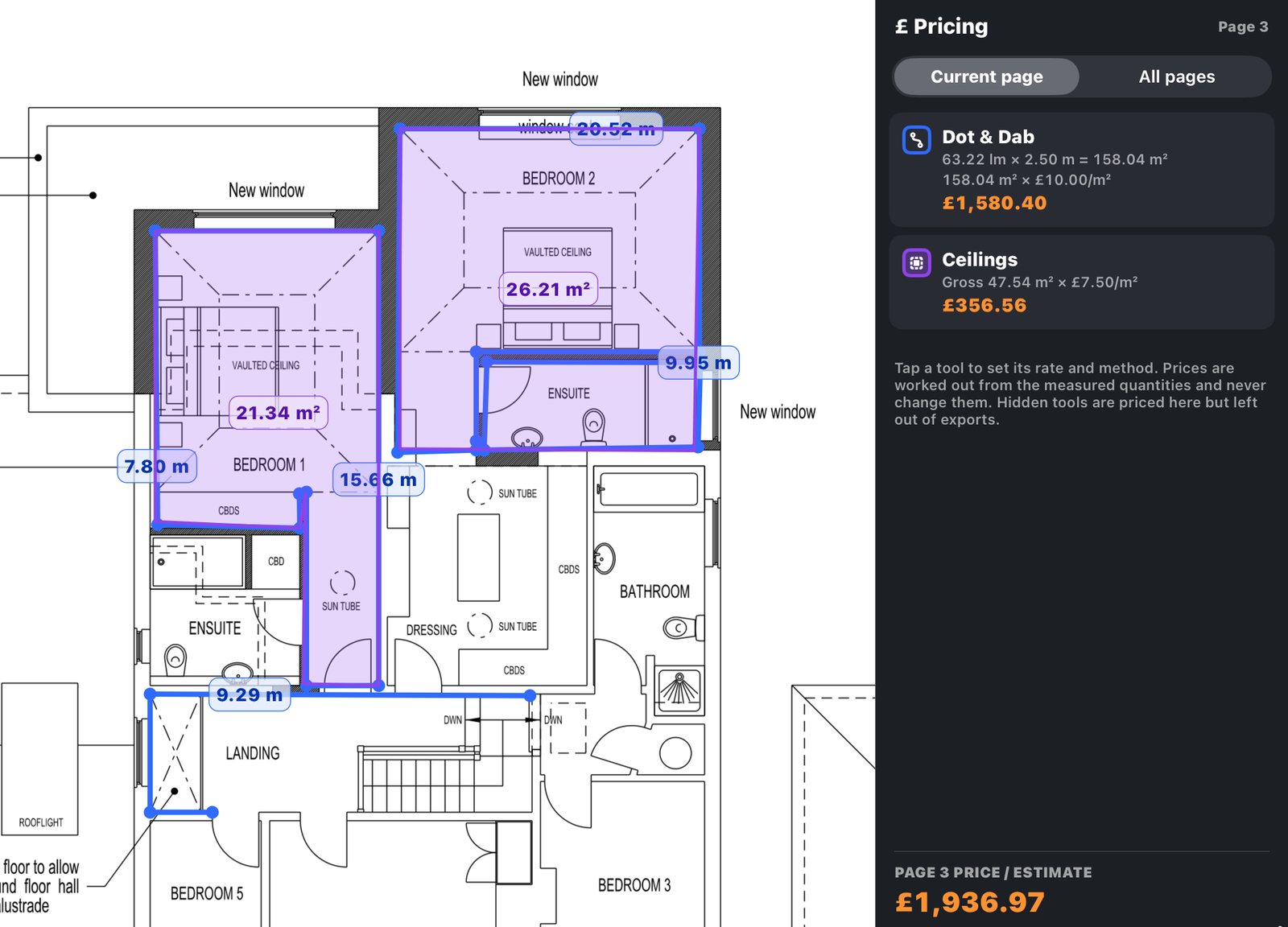 First-floor plan with ceiling areas filled in purple (21.34 and 26.21 square metres) and dot and dab wall runs marked in blue, with the running totals panel alongside