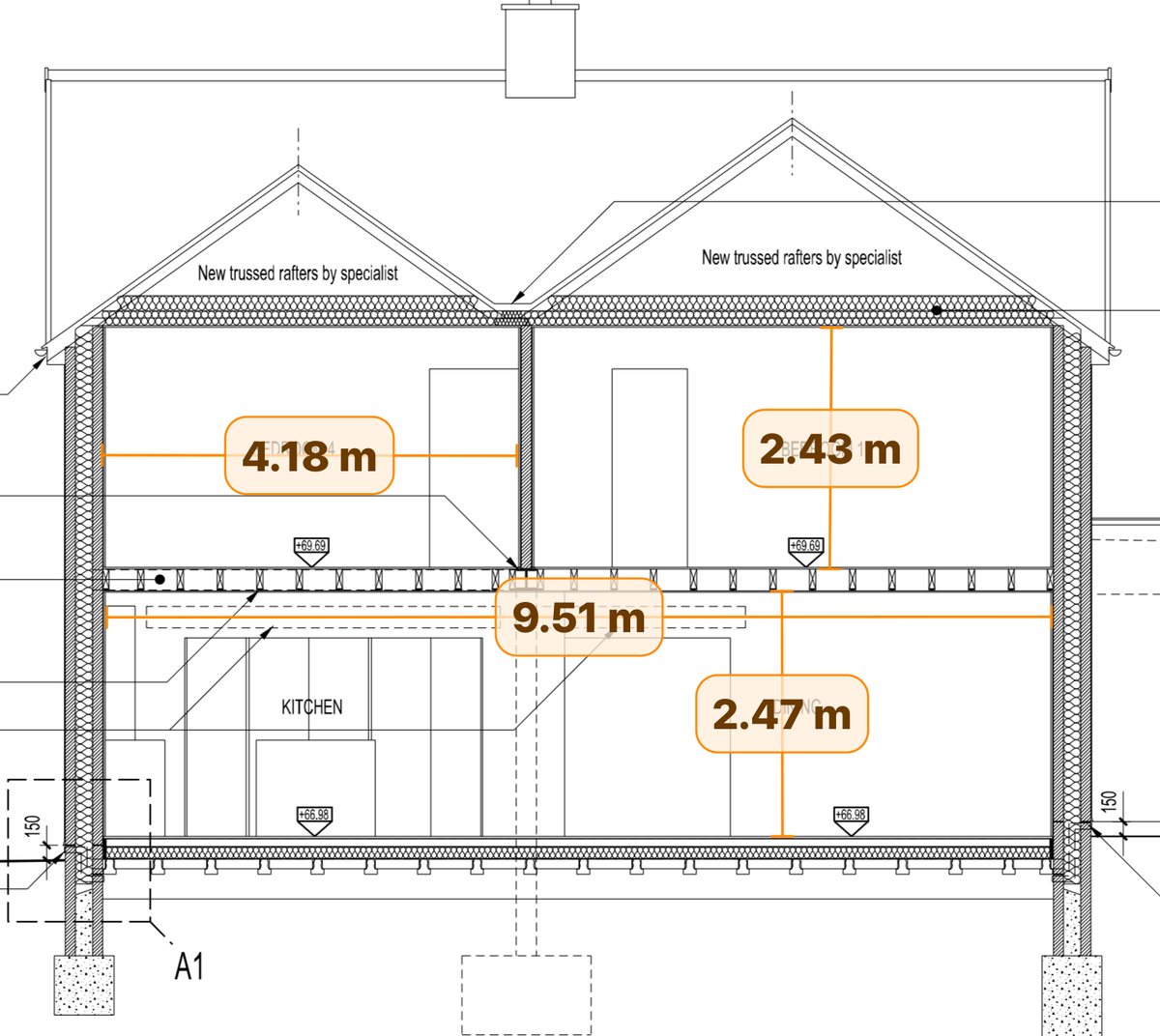 Cross-section drawing with measured lengths and heights of 4.18, 2.43, 9.51 and 2.47 metres