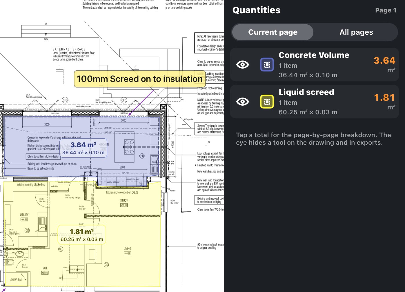 Ground-floor plan with a concrete area shaded blue showing 3.64 cubic metres and a liquid screed area shaded yellow showing 1.81 cubic metres
